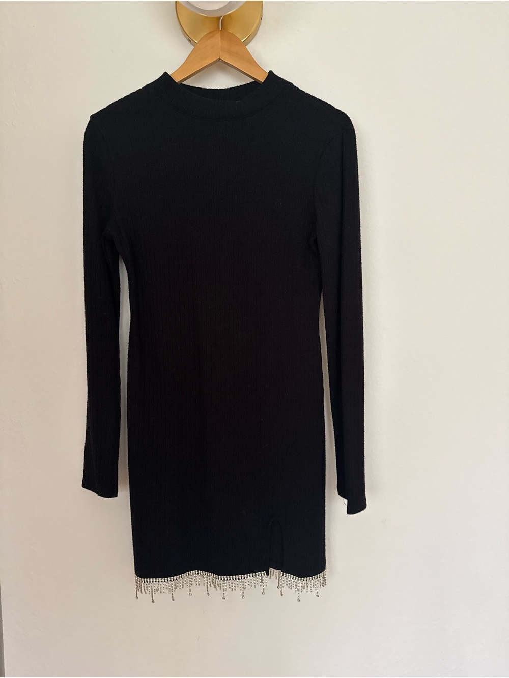 Zara - Black Long-Sleeve Knit Dress with Beaded Hem - Size Large